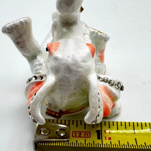 Bejeweled Enamel Hinged Trinket Box White & Gold Playful Elephant Rhinestones - Picture 3 of 9